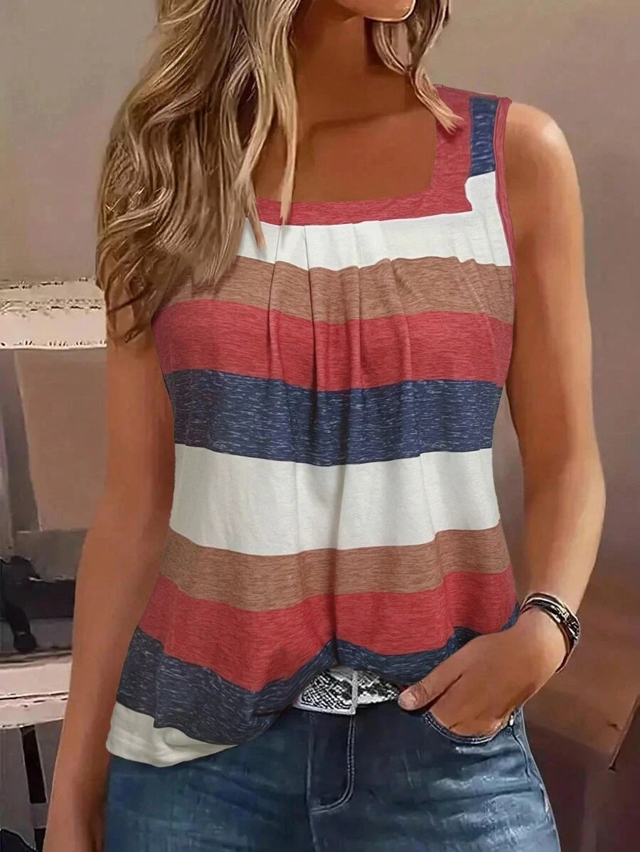 Haut Col Carré à Rayures Femme - Top Tricoté Plissé
