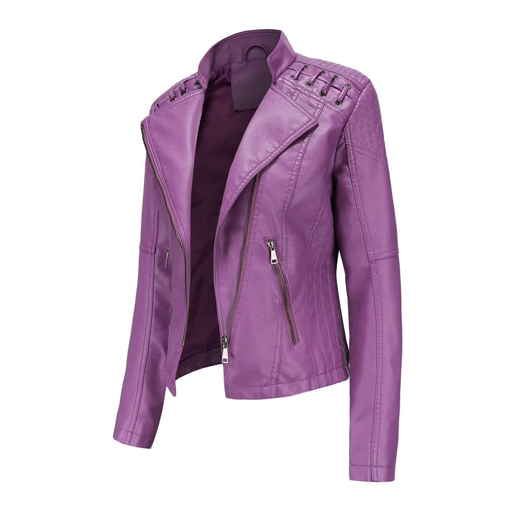 Blouson de Moto en Simili Cuir Noir pour Femme – Veste de Motard Courte et Coupe Slim