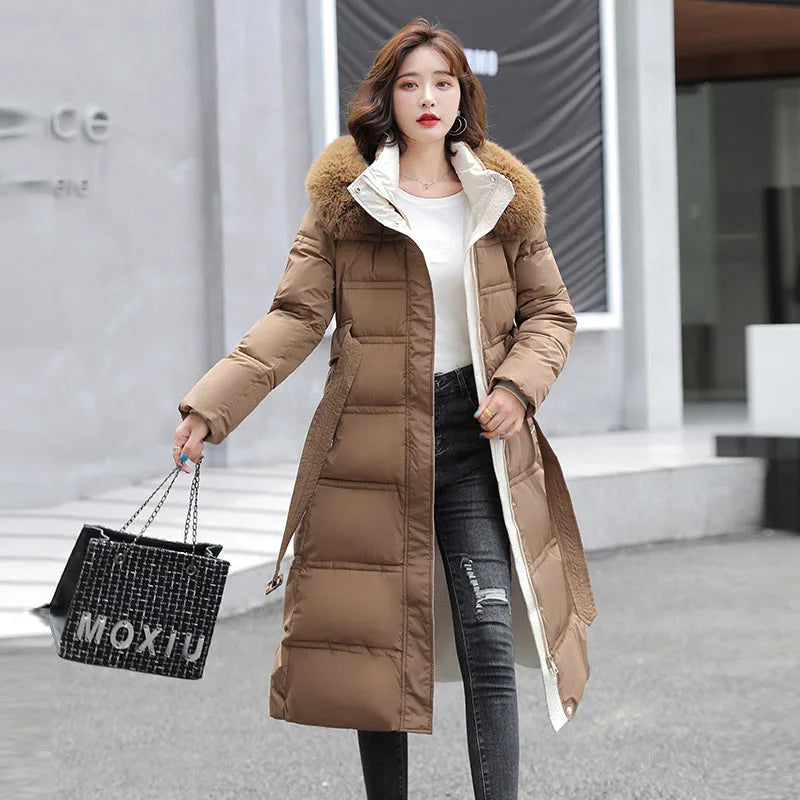 Doudoune à capuche avec col en fourrure pour femme, 90% duvet de canard blanc, optique chaude, manteau femme élégant, grande taille, hiver, nouveau, OK1156, 2025