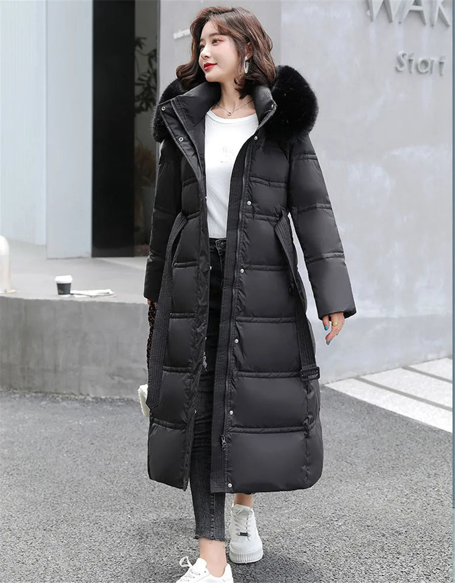 Doudoune à capuche avec col en fourrure pour femme, 90% duvet de canard blanc, optique chaude, manteau femme élégant, grande taille, hiver, nouveau, OK1156, 2025