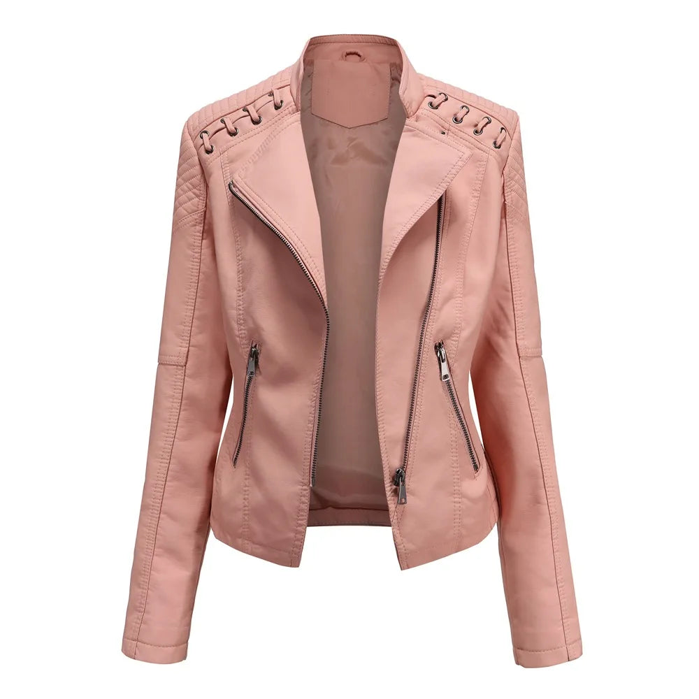 Blouson de Moto en Simili Cuir Noir pour Femme – Veste de Motard Courte et Coupe Slim