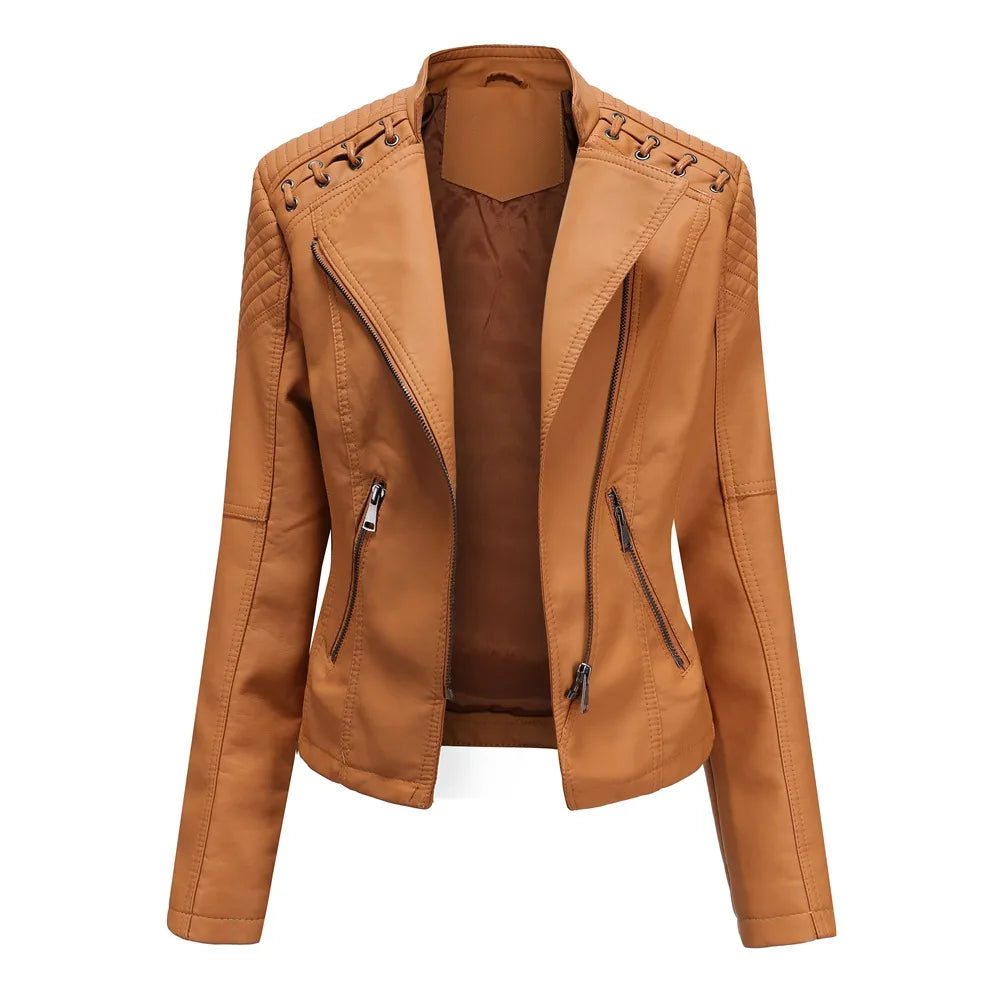 Blouson de Moto en Simili Cuir Noir pour Femme – Veste de Motard Courte et Coupe Slim