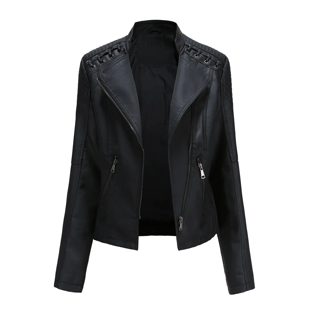 Blouson de Moto en Simili Cuir Noir pour Femme – Veste de Motard Courte et Coupe Slim