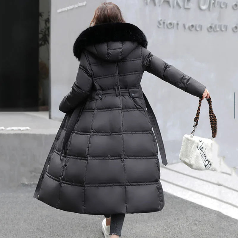 Doudoune à capuche avec col en fourrure pour femme, 90% duvet de canard blanc, optique chaude, manteau femme élégant, grande taille, hiver, nouveau, OK1156, 2025