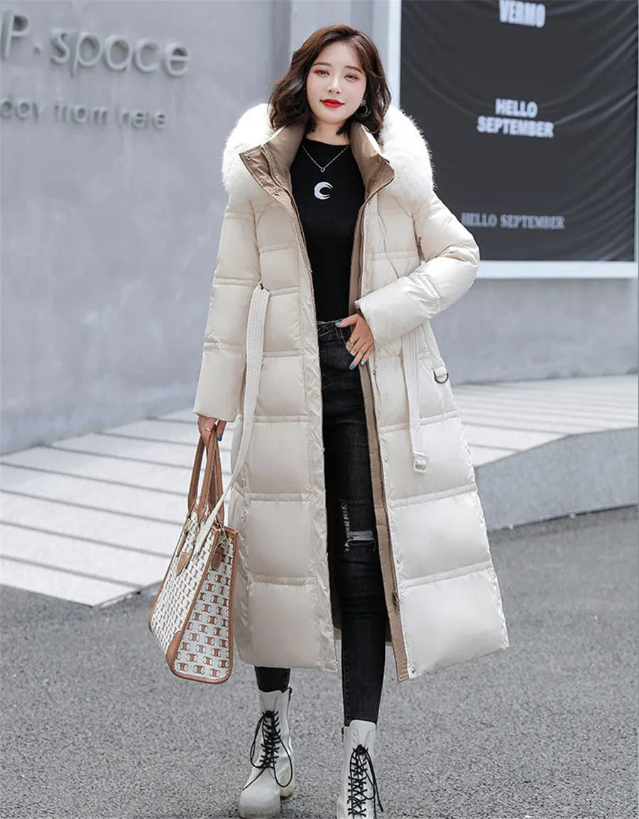 Doudoune à capuche avec col en fourrure pour femme, 90% duvet de canard blanc, optique chaude, manteau femme élégant, grande taille, hiver, nouveau, OK1156, 2025