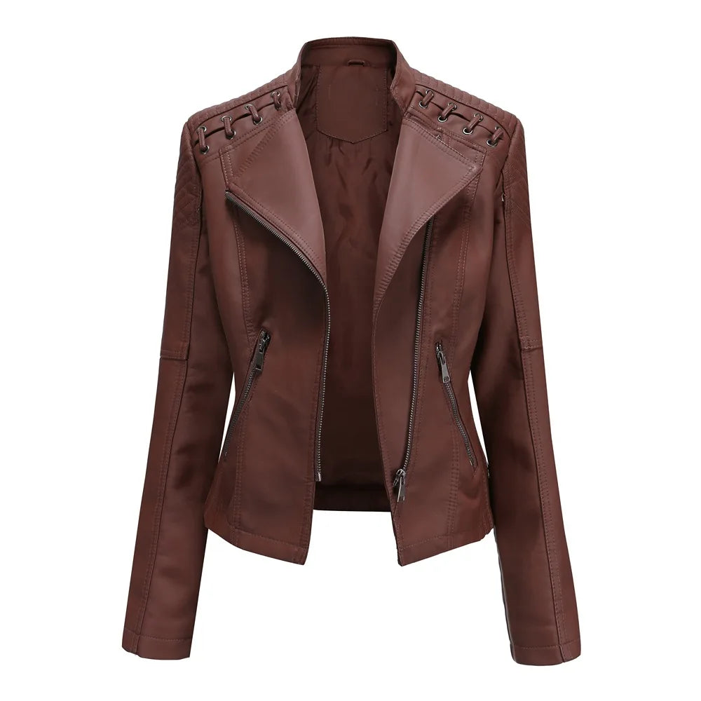 Blouson de Moto en Simili Cuir Noir pour Femme – Veste de Motard Courte et Coupe Slim