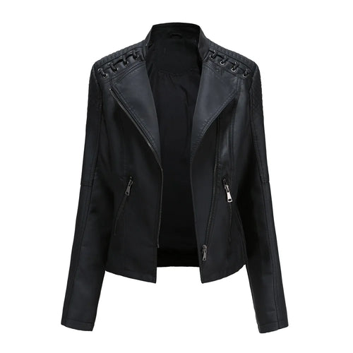 Blouson de Moto en Simili Cuir Noir pour Femme – Veste de Motard Courte et Coupe Slim