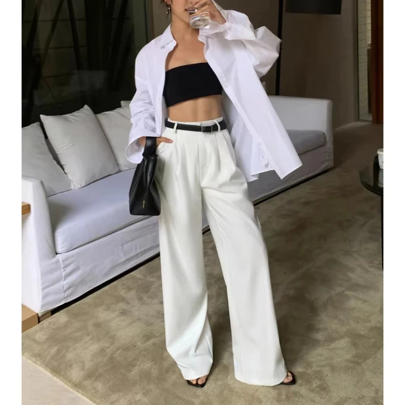 Pantalon de Costume Fluide Multicolore Taille Haute – Élégance Ample et Décontractée