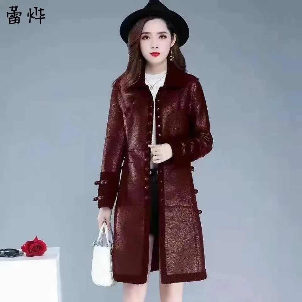 Veste en cuir de longueur moyenne coréenne pour femme, haut en peluche et optique, coupe couvertes, luxe léger, veste amincissante, automne et hiver, nouveau