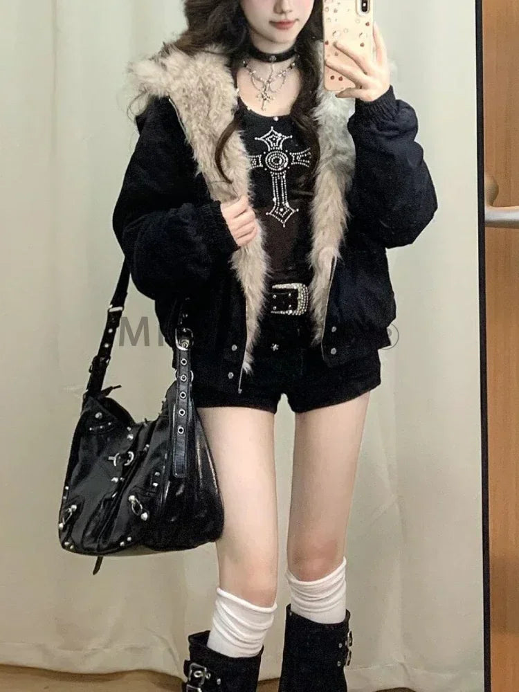 Parka Ample Style Y2K avec Capuche Fourrure pour Femme