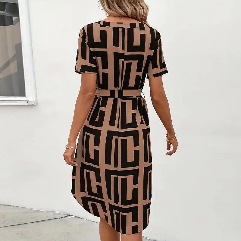 Robe Courte Imprimée Ample pour Femme – Robe d'Été Vintage Trapèze à Col en V et Manches Courtes