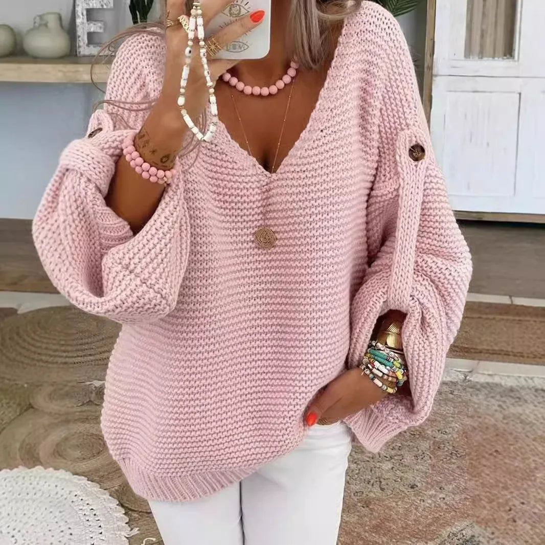 Pull Ample Col en V à Boutons pour Femme - Shuangfuxiang