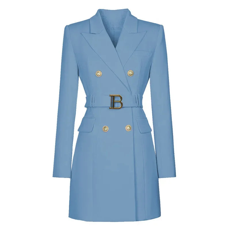 Blazer Long Ceinturé à Double Boutonnage pour Femme – Veste de Bureau Chic et Ample Coupe Robe Veste