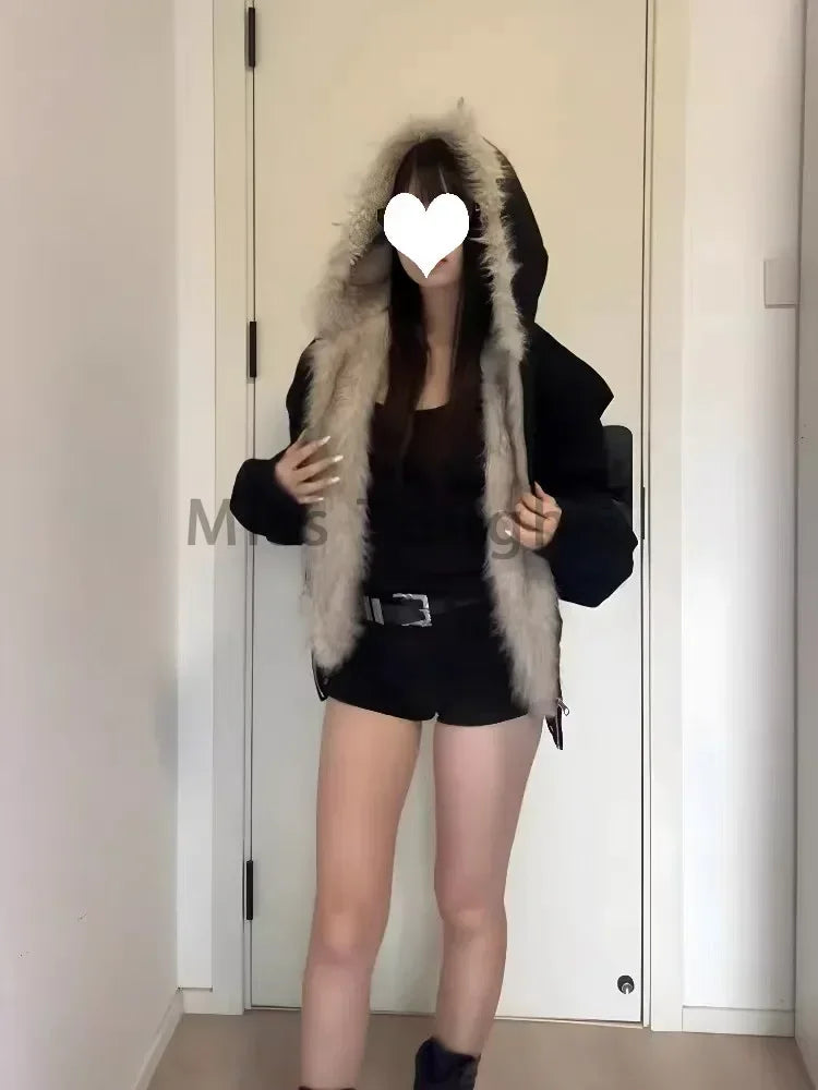 Parka Ample Style Y2K avec Capuche Fourrure pour Femme
