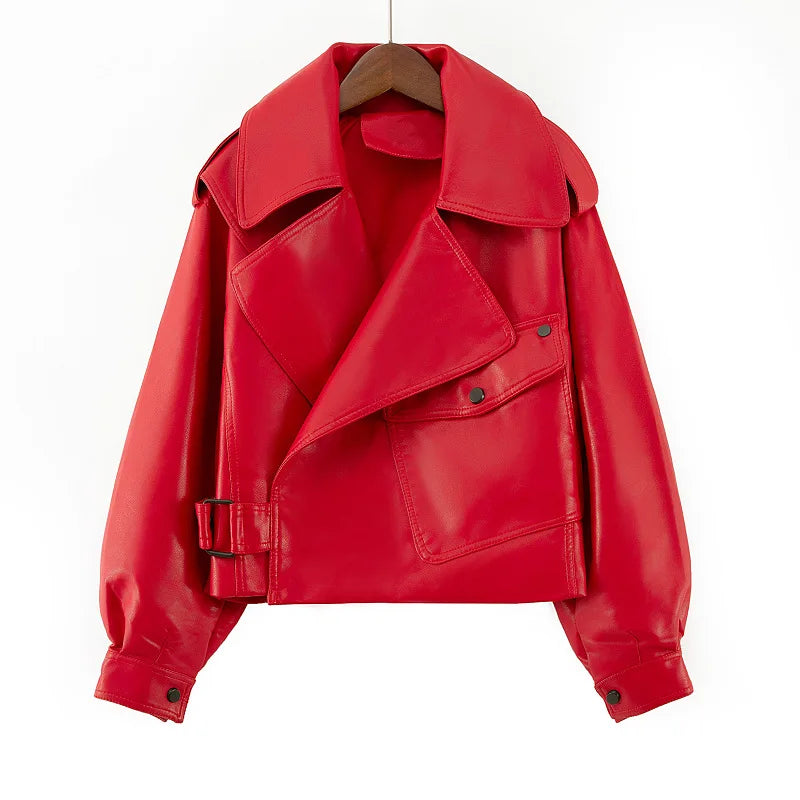 Femmes Pu Faux cuir manteaux veste col rabattu poches Vintage Moto Biker manteau vêtements d'extérieur femme automne 2025 Streetwear