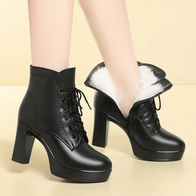WOIZGIC Laides femmes en cuir véritable bottines hiver automne fourrure peluche laine chaud talon haut moto