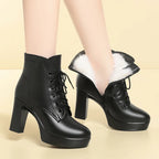 WOIZGIC Laides femmes en cuir véritable bottines hiver automne fourrure peluche laine chaud talon haut moto