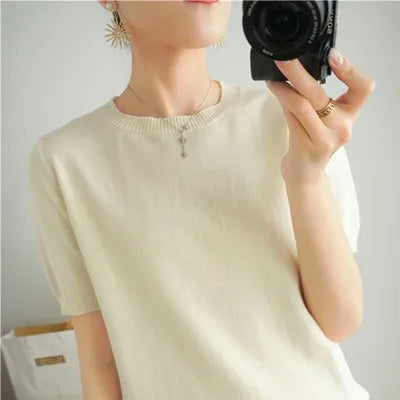 Pull Manches Courtes 100% Coton Femme - T-Shirt Col Rond