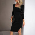 Robe Mi-Longue en Maille pour Femme – Robe Pull Cintrée Élégante à Col Carré et Manches Longues