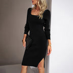 Robe Mi-Longue en Maille pour Femme – Robe Pull Cintrée Élégante à Col Carré et Manches Longues