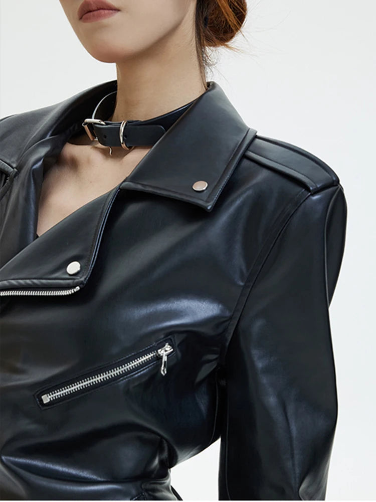Lautaro printemps automne Cool beau noir doux Pu veste en cuir femmes épaulettes à manches longues piste mode européenne 2024