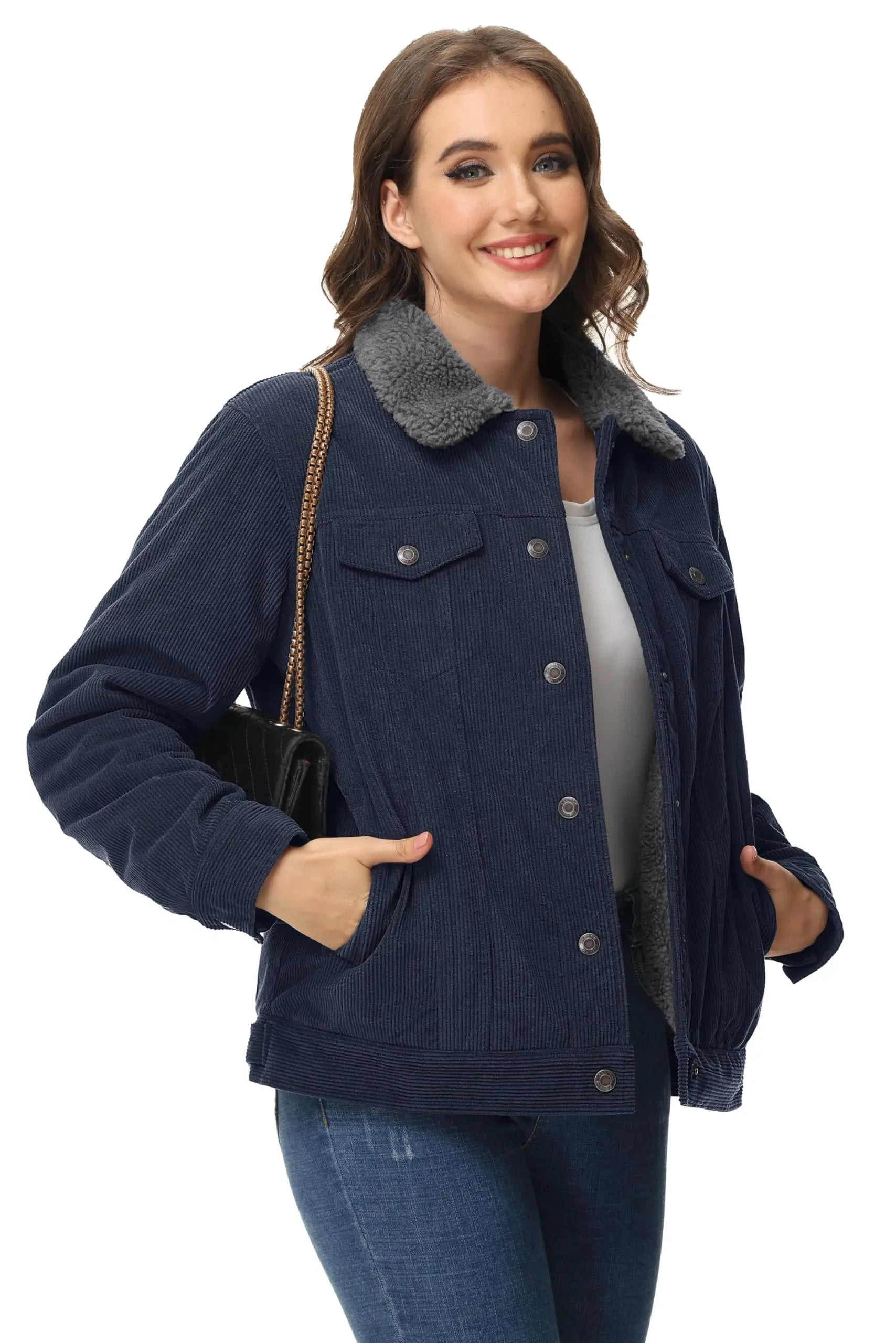 Veste Lourde en Velours Côtelé Doublée Polaire Sherpa pour Femme