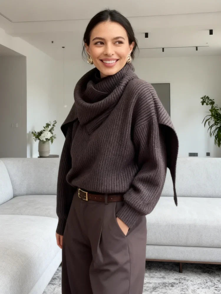 Pull Chic Marron à Col Écharpe – Élégance Bureau & Quotidien