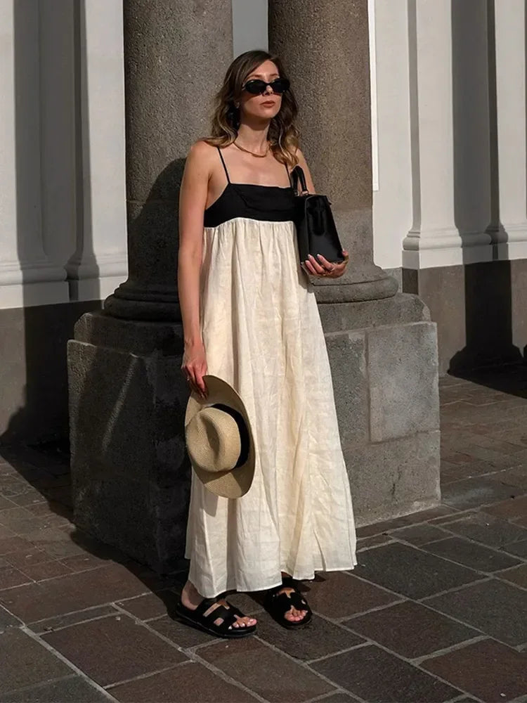 Robe Longue à Bretelles pour Femme – Robe d'Été Dos Nu à Col Carré et Taille Haute Empire