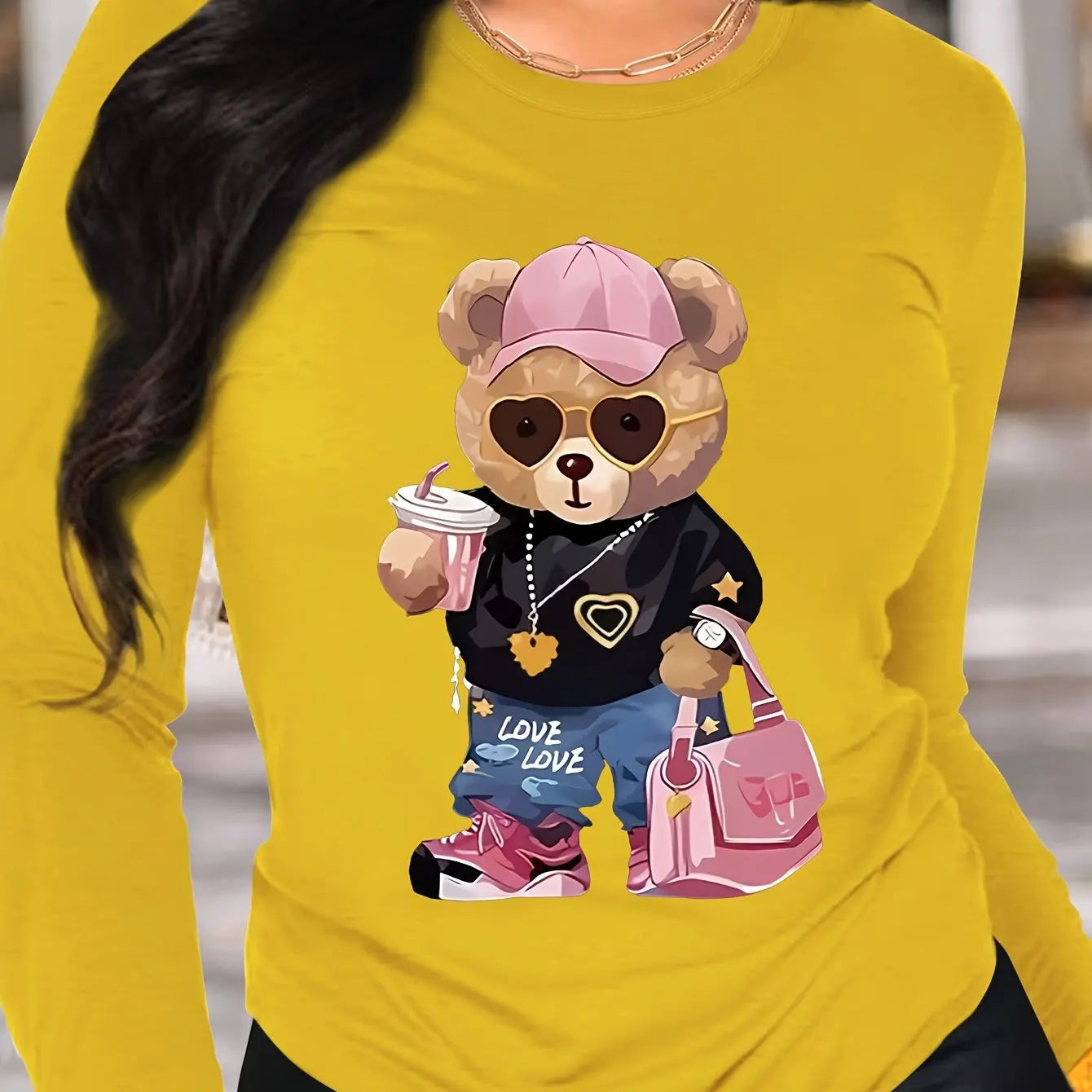 T-Shirt Manches Longues Ours 100% Coton - Haut Ample Femme