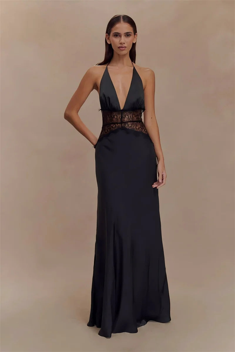 Robe Maxi Dos Nu pour Femme – Robe Longue de Soirée Satinée à Col en V Profond et Patchwork de Dentelle