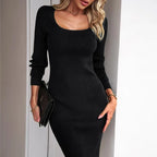 Robe Mi-Longue en Maille pour Femme – Robe Pull Cintrée Élégante à Col Carré et Manches Longues