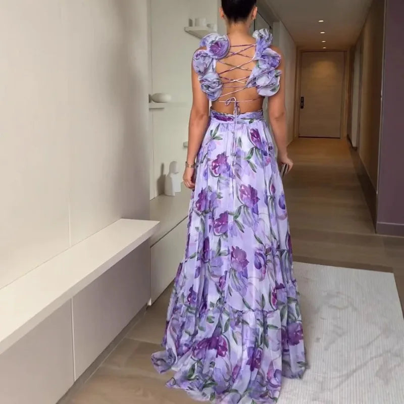Robe Longue Bohème pour Femme – Robe d'Été en Mousseline Imprimée Fleurie Dos Nu et Col Halter