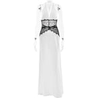 Robe Maxi Dos Nu pour Femme – Robe Longue de Soirée Satinée à Col en V Profond et Patchwork de Dentelle