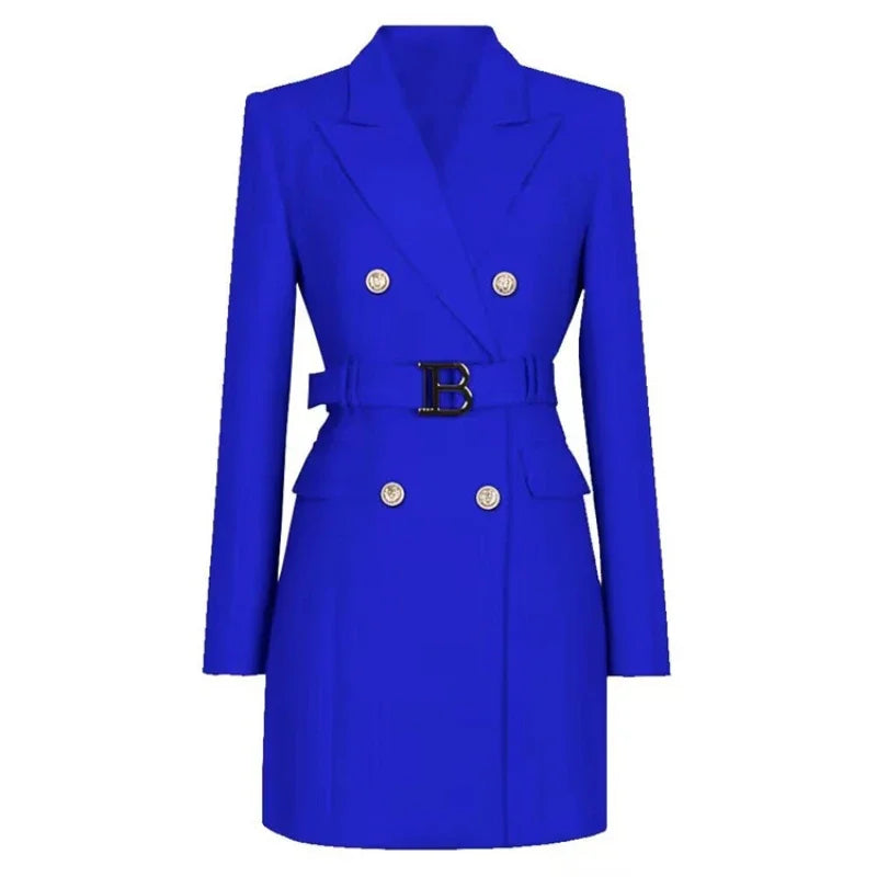Blazer Long Ceinturé à Double Boutonnage pour Femme – Veste de Bureau Chic et Ample Coupe Robe Veste