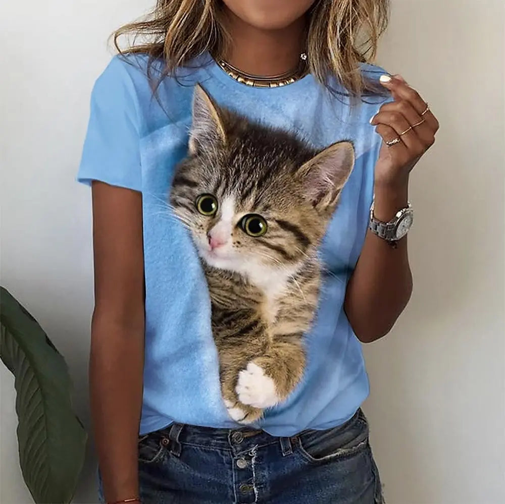 T-Shirt Chat 3D Kawaii Femme - Haut Y2K Respirant