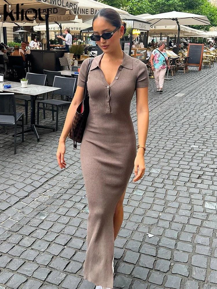 Robe Maxi Moulante pour Femme Kliou – Robe Élégante Style Bureau et Streetwear à Col Rabattu et Fente Latérale