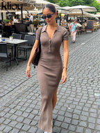 Robe Maxi Moulante pour Femme Kliou – Robe Élégante Style Bureau et Streetwear à Col Rabattu et Fente Latérale