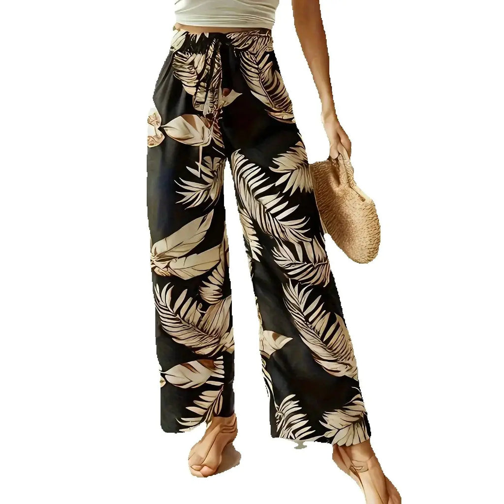 Pantalon Large Bohème Chic – Imprimé Feuilles & Taille Élastique