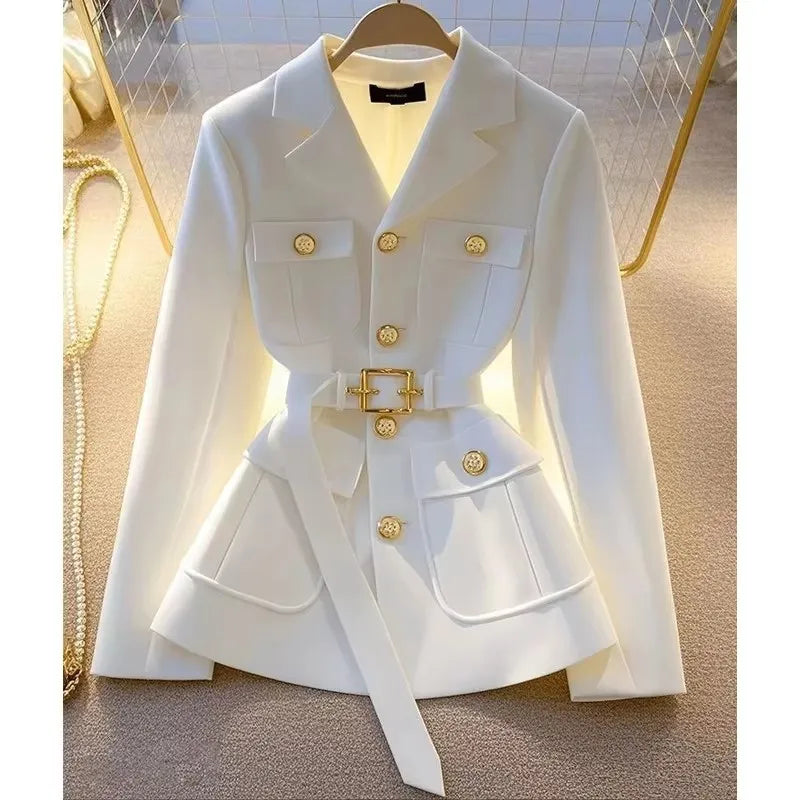 Manteau Blazer Ajusté Ceinturé pour Femme – Veste de Bureau Chic à Simple Boutonnage