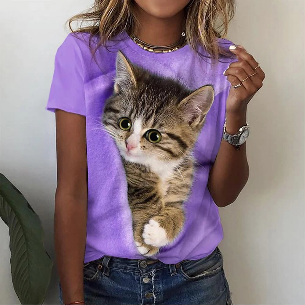 T-Shirt Chat 3D Kawaii Femme - Haut Y2K Respirant