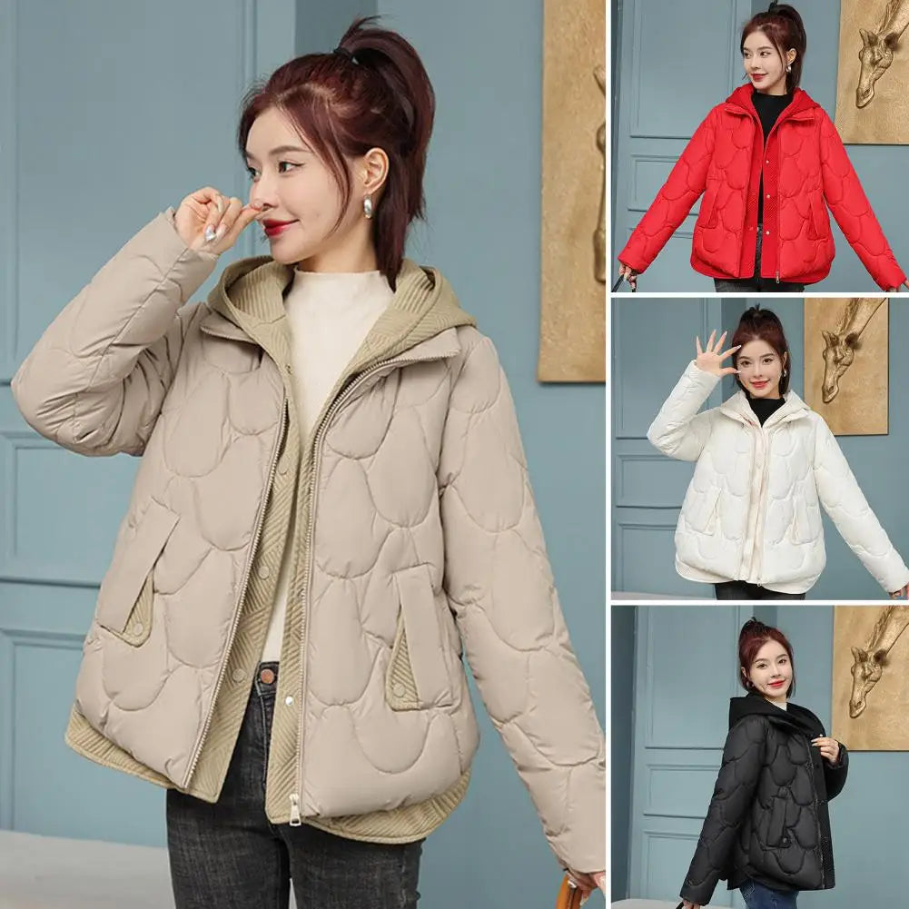 Veste Courte Matelassée pour Femme – Blouson Faux Deux Pièces à Capuche et Col Rabattu Chaud