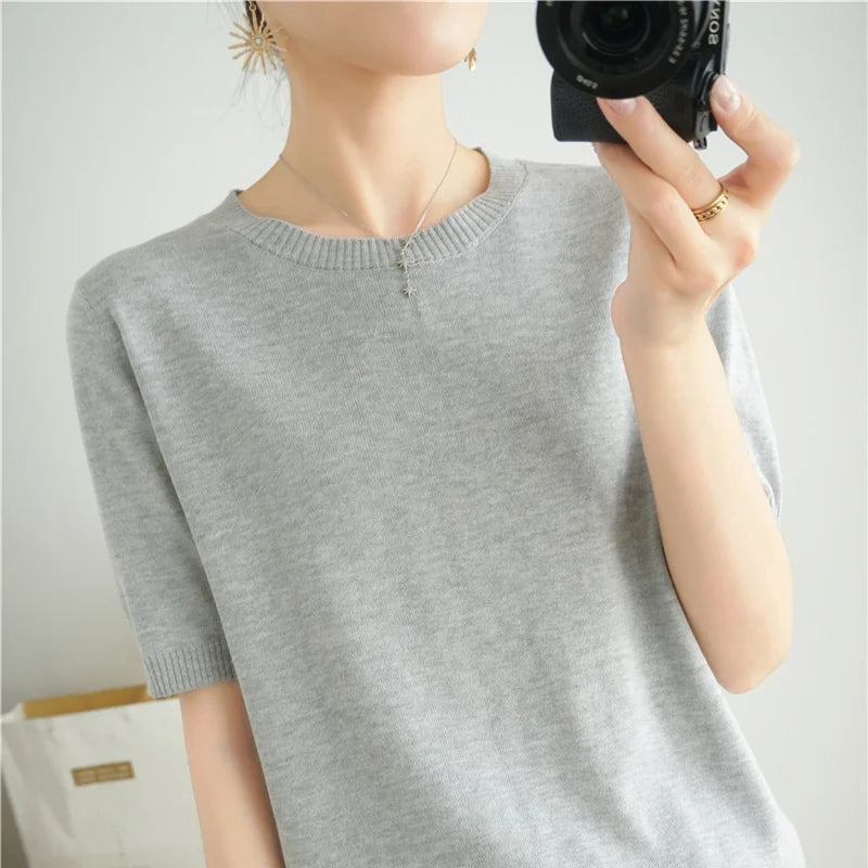 Pull Manches Courtes 100% Coton Femme - T-Shirt Col Rond
