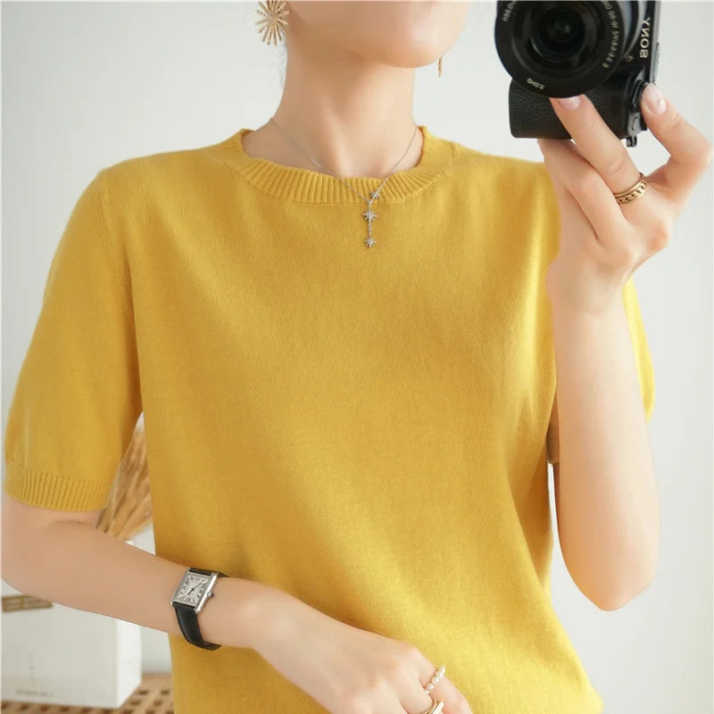 Pull Manches Courtes 100% Coton Femme - T-Shirt Col Rond