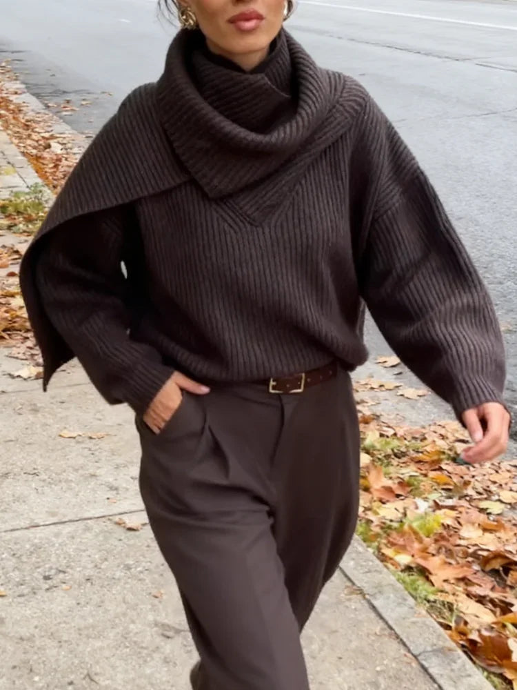 Pull Chic Marron à Col Écharpe – Élégance Bureau & Quotidien