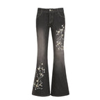 Jean Évasé Taille Basse Y2K à Broderie Florale - Style Rétro Vintage