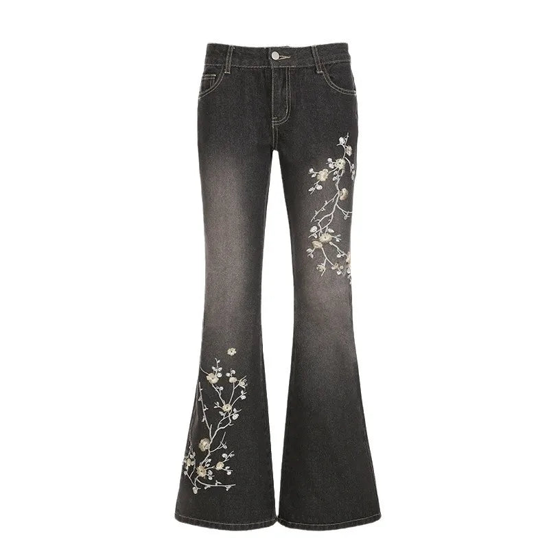 Jean Évasé Taille Basse Y2K à Broderie Florale - Style Rétro Vintage