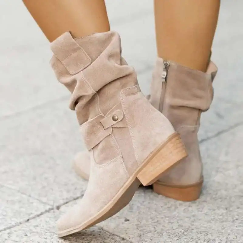 Bottines en daim à talons bas abricot pour femmes, bottes de Cowboy occidentales avec fermeture éclair latérale, bottines courtes taille 34-43
