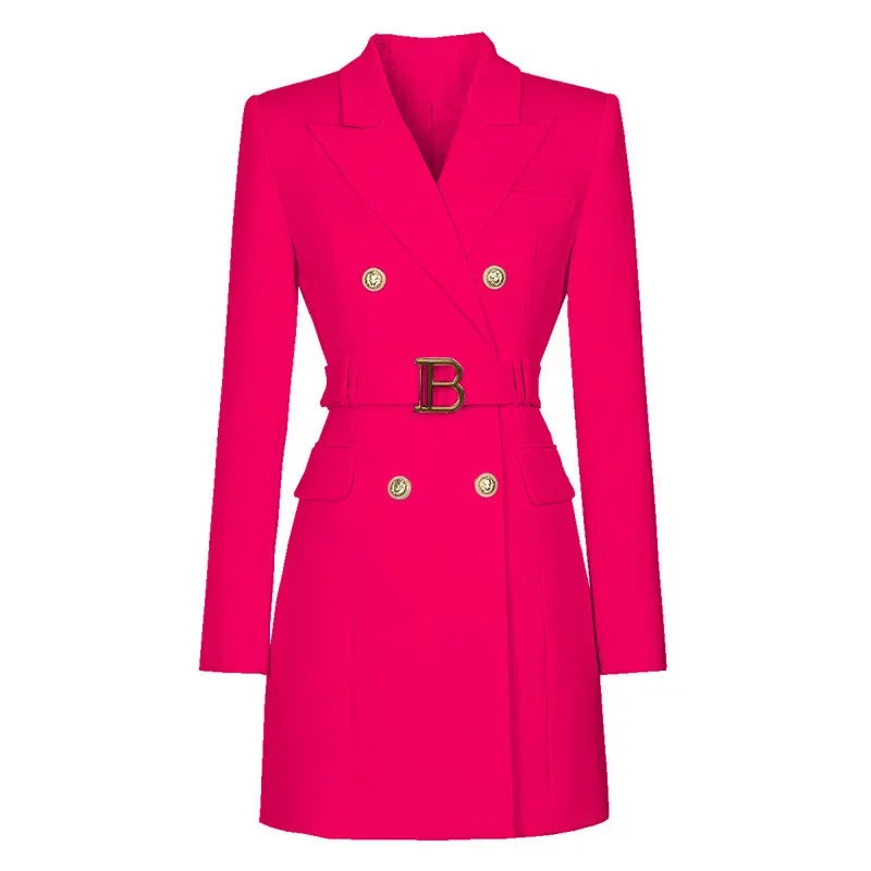 Blazer Long Ceinturé à Double Boutonnage pour Femme – Veste de Bureau Chic et Ample Coupe Robe Veste