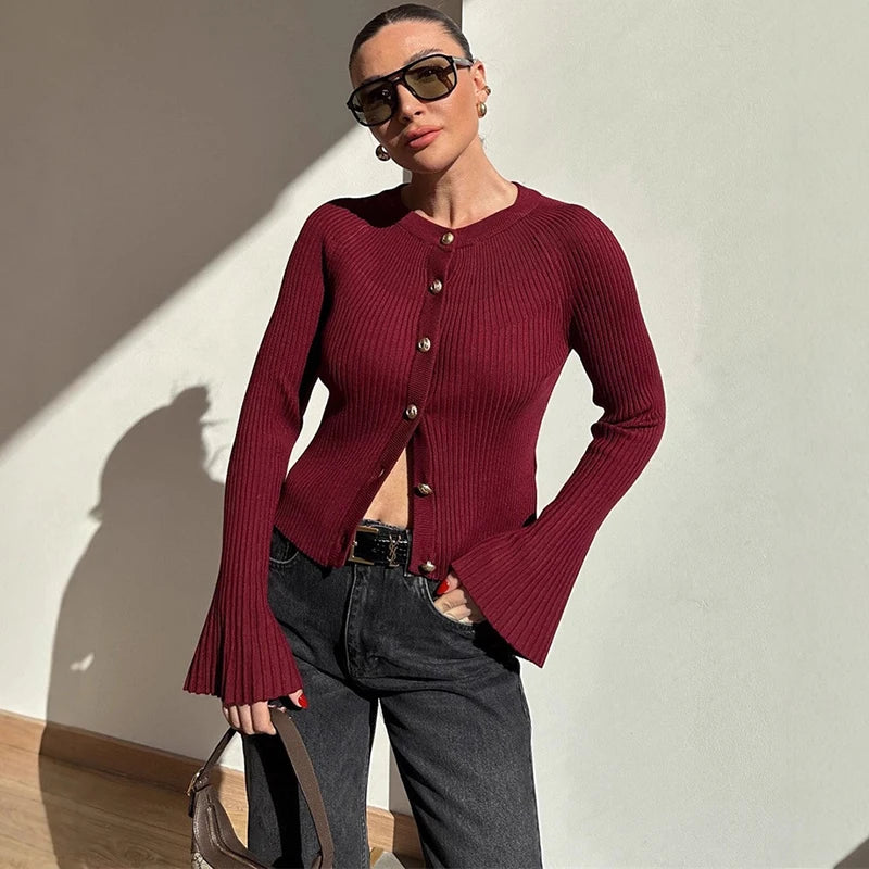 Cardigan Côtelé Ajusté à Manches Évasées pour Femme - Talenza
