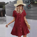 Mini robe d'été décontractée en coton et lin pour femmes, col en v, volants, manches courtes, mode dames, robes à boutons amples